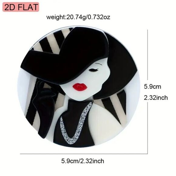 2D Flat, 1pc Vintage Acrylic Handcrafted 2D Flat Fashion Lady Brooch - Picture 4 of 5